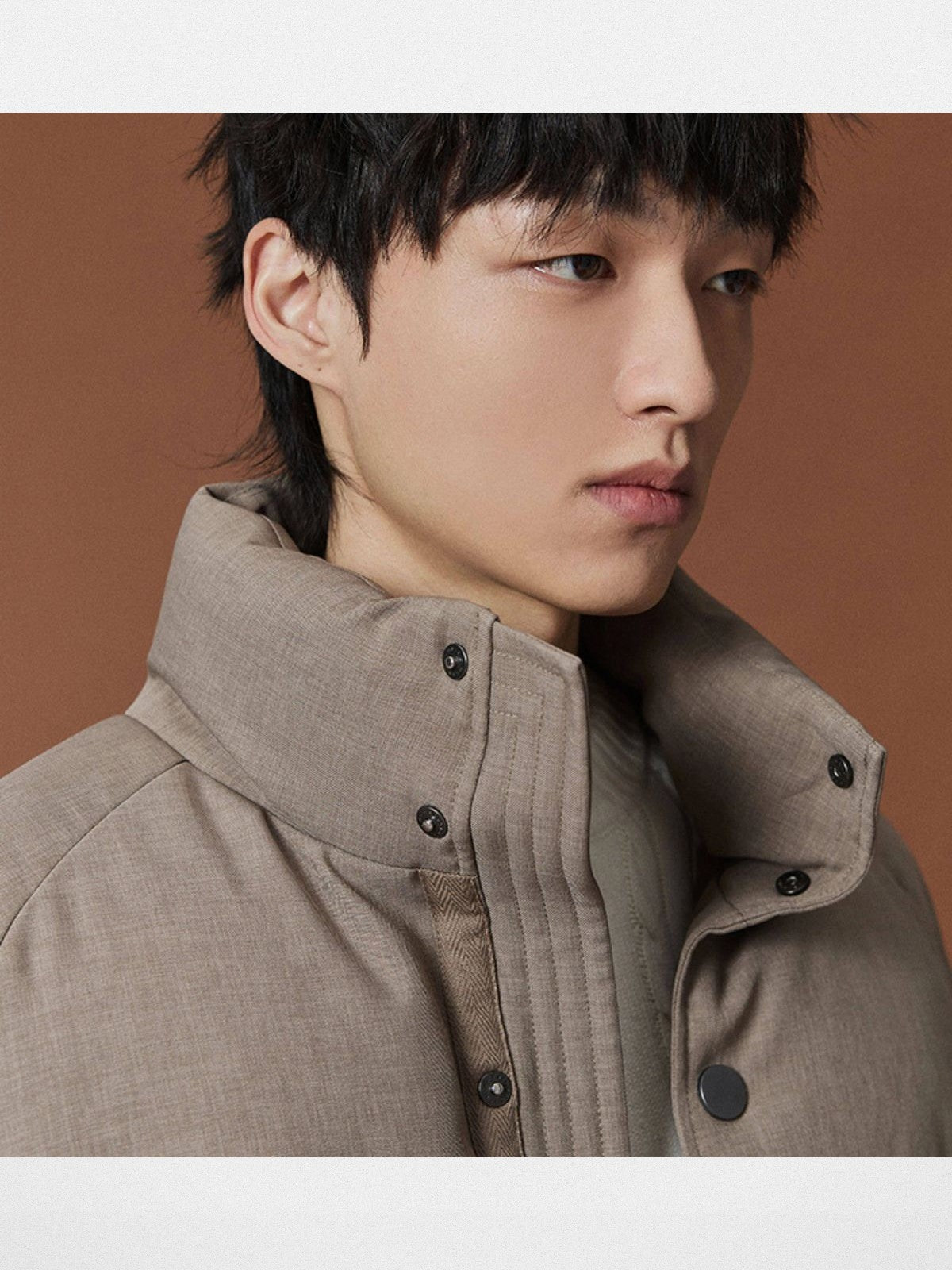 NANS Wool Touch High Neck Down Puffer in Beige - On Model