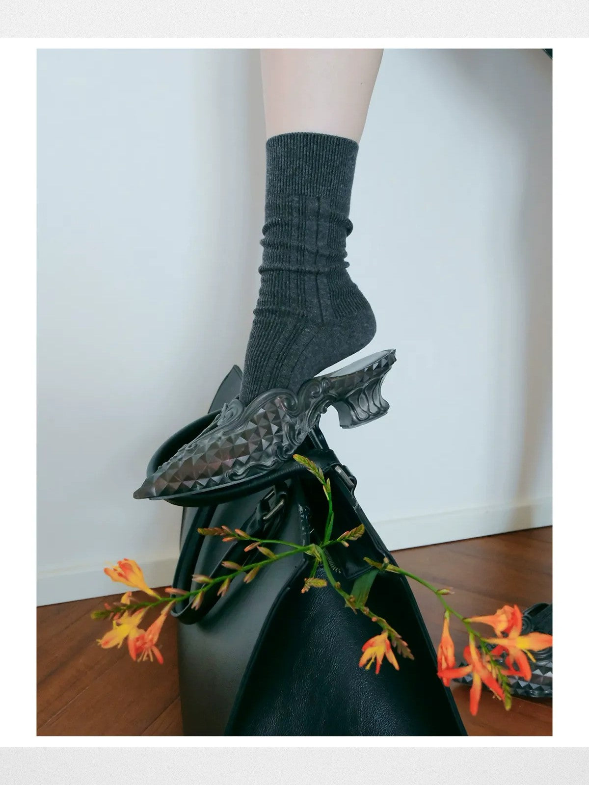 Simple Project Irregular Ribbed Crew Socks in Charcoal - On Model