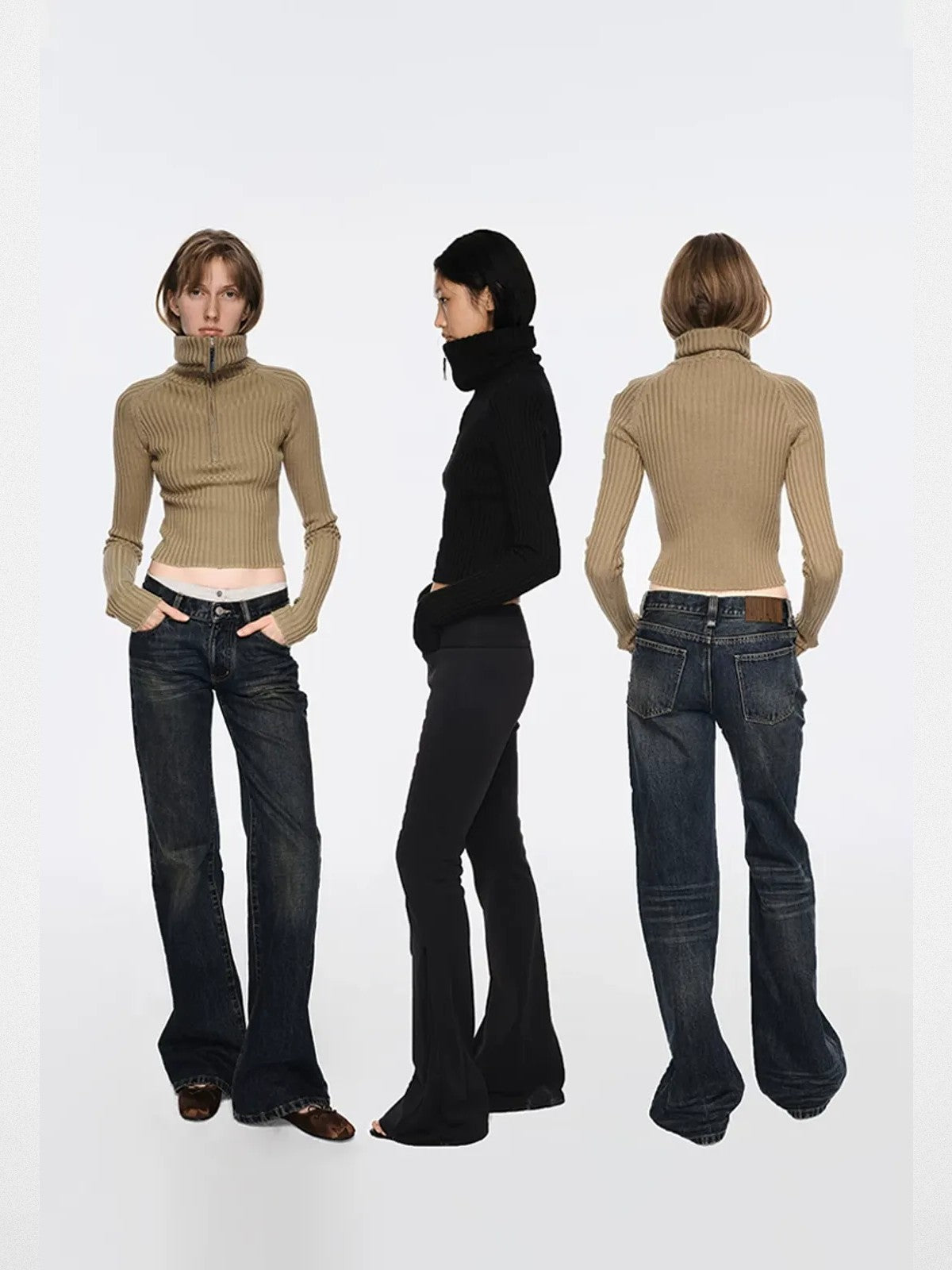 RARELY ALIKE Zip Up High Neck Wool Knit in Beige - On Model