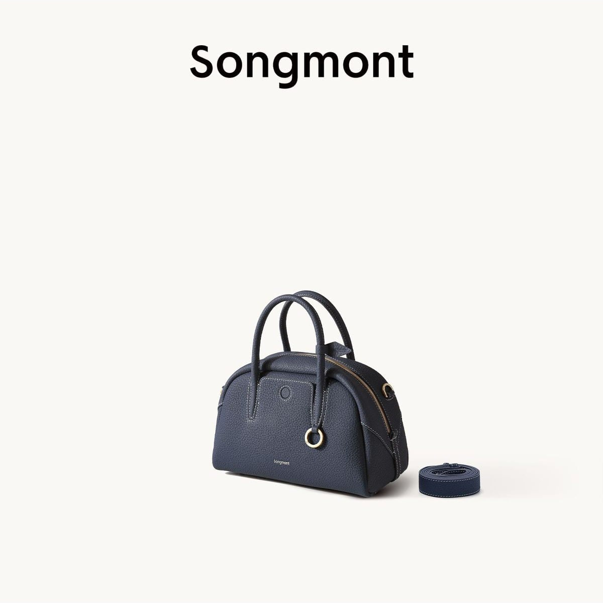 Songmont Mini Leather Bowling Bag in Navy Blue