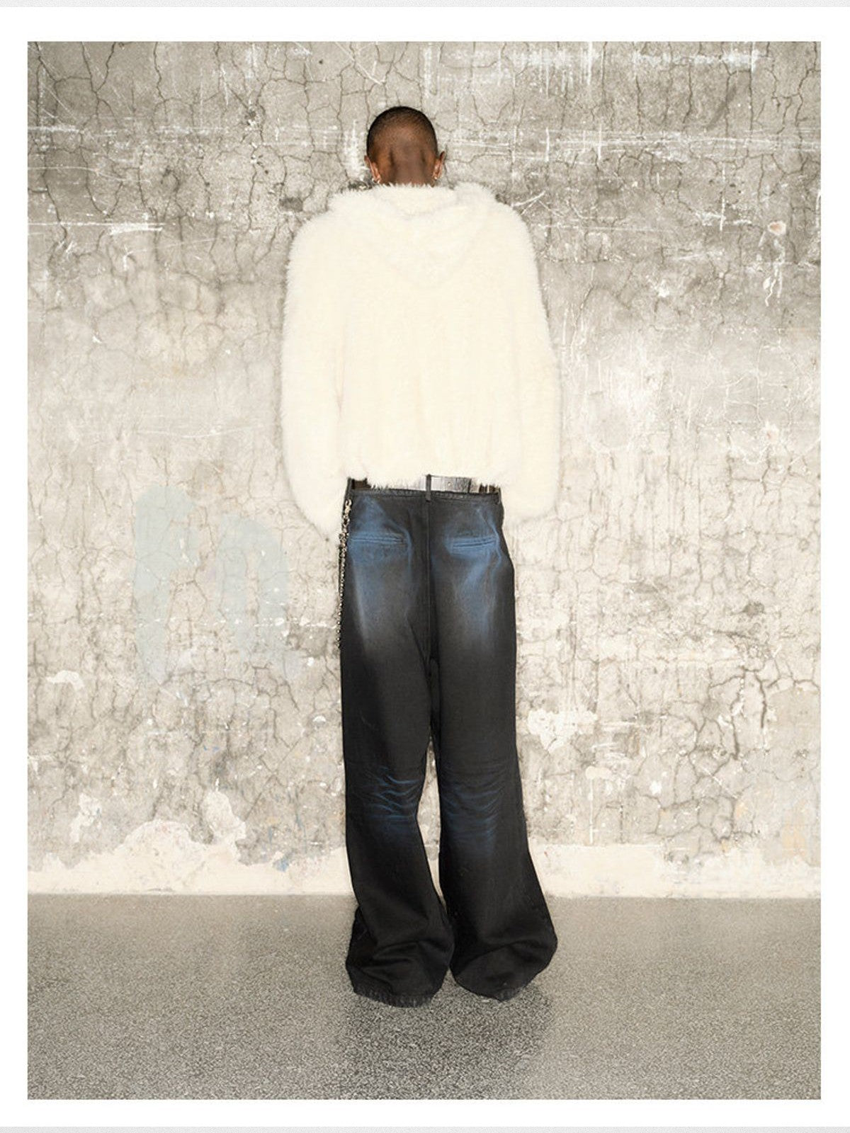 TRIANGLE PROJECT Faux Mink Zip Up Hooded Jacket in White - On Model