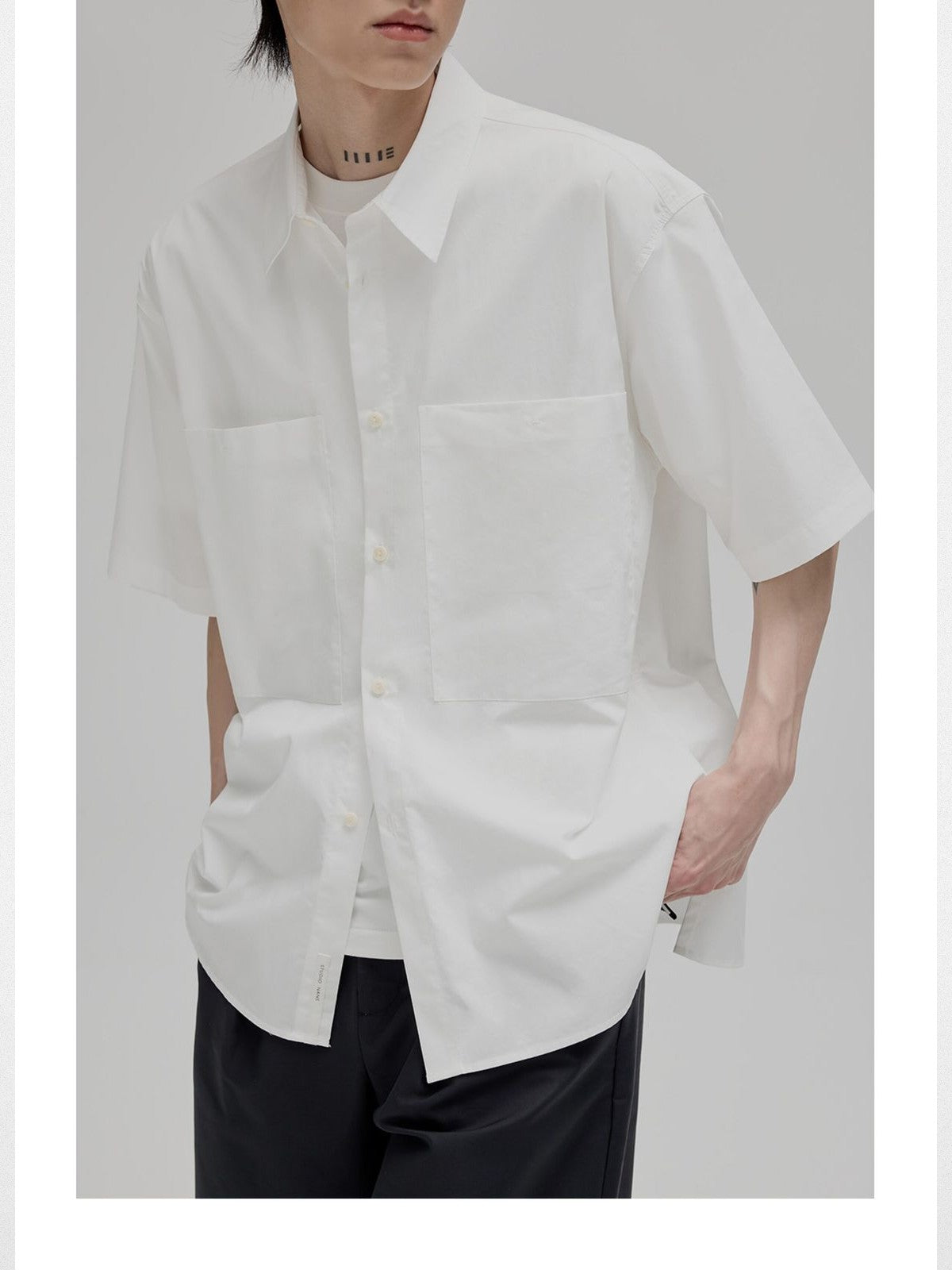 NANS Sand Washed Cotton Curved Hem Shirt in White - On Model