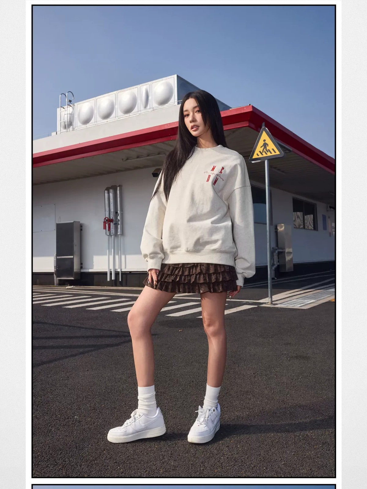 MEDM Cotton Blend Logo Crewneck in Gray - On Female Model