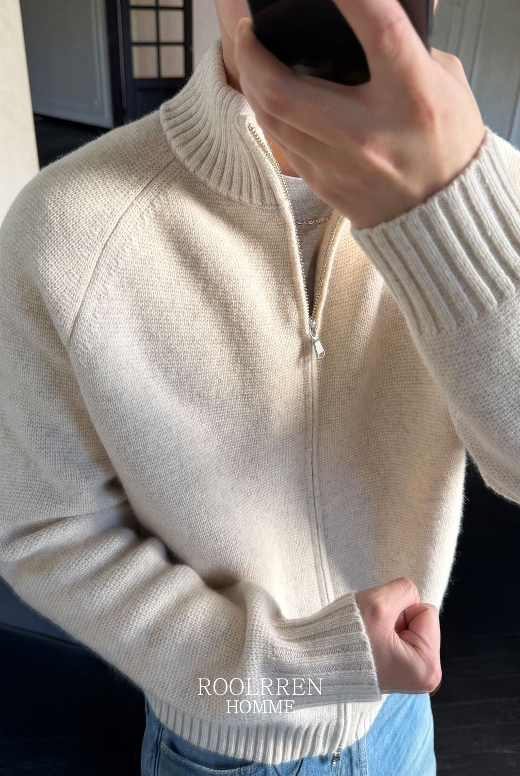Roolrren Homme 100 Wool Stand Collar Zip Cardigan in Beige - On Model