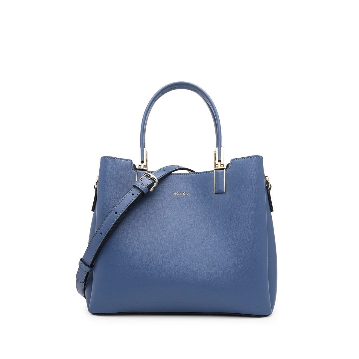 HONGU Structured Split Leather Handbag in Navy Blue