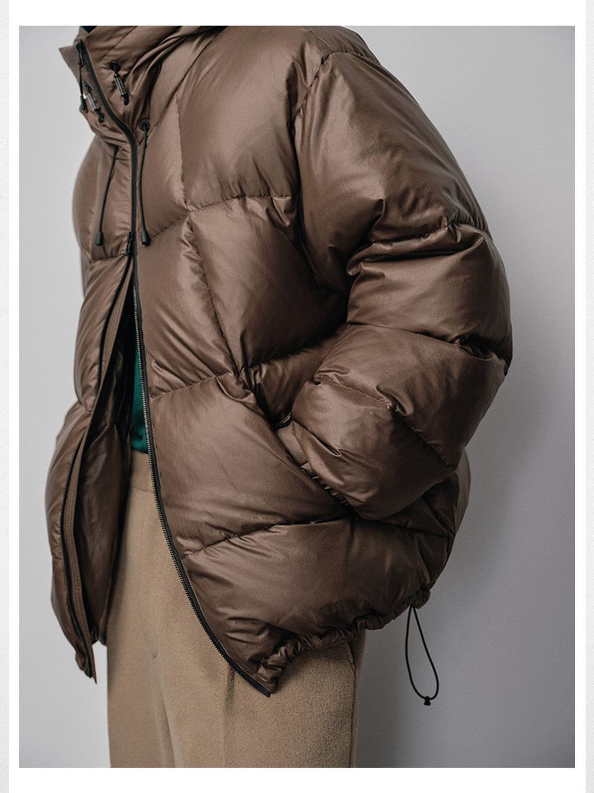 NANS Micro Check Hooded Down Puffer in Brown - On Model