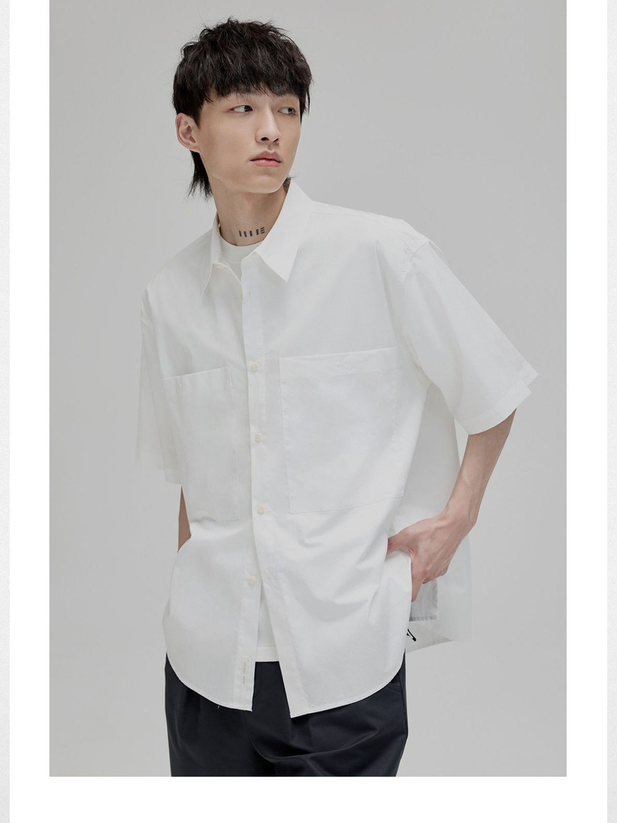 NANS Sand Washed Cotton Curved Hem Shirt in White - On Model