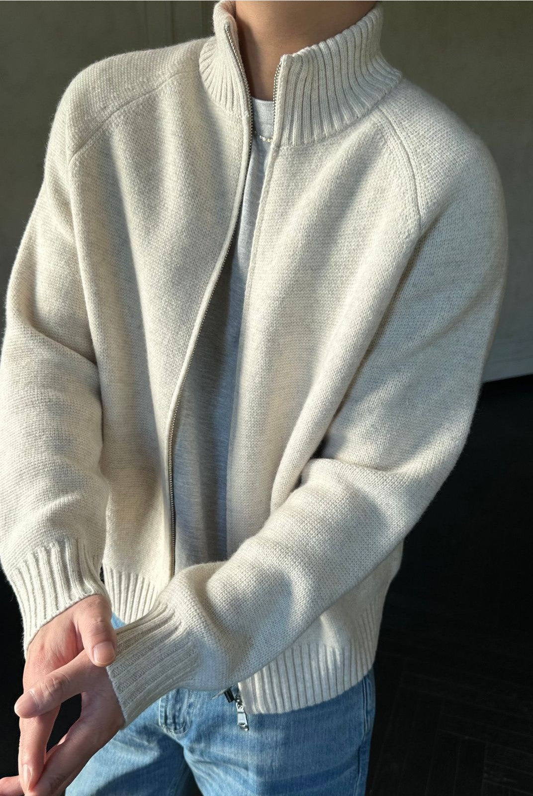 Roolrren Homme 100 Wool Stand Collar Zip Cardigan in Beige - On Model