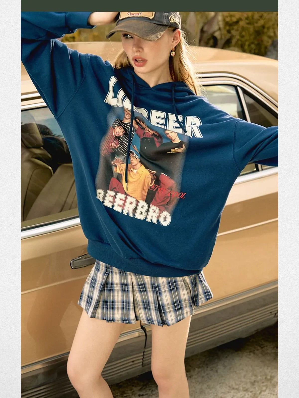 BeerBro Retro Graphic Print Hoodie in Navy Blue - On Model
