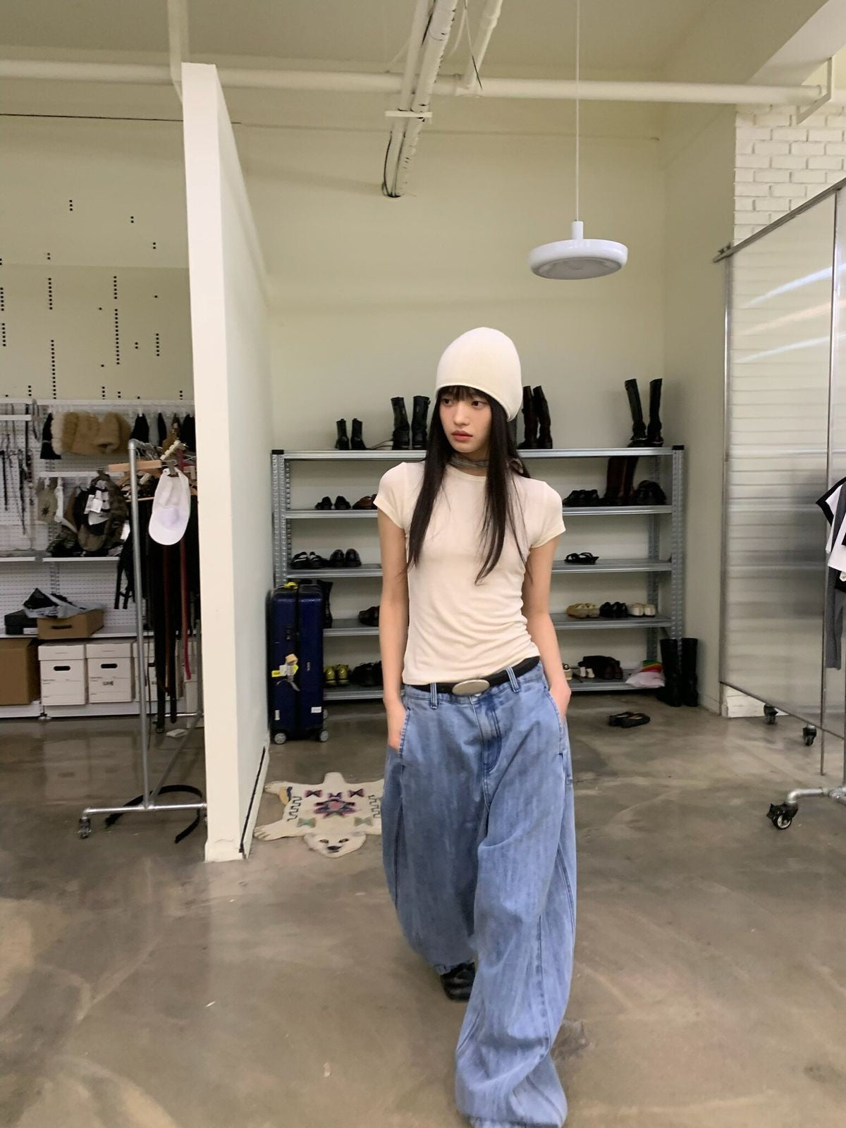 NeverSeez Slim Lyocell Wool Blend Tee in White - On Model