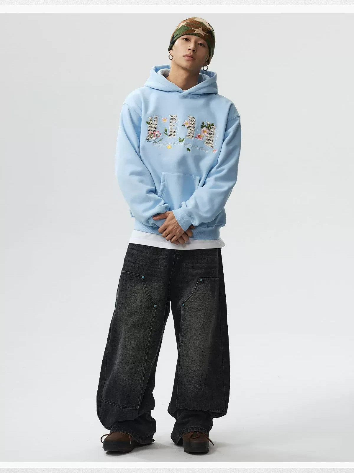 MEDM Floral Patch Fleece Hoodie in Sky Blue - On Male Model