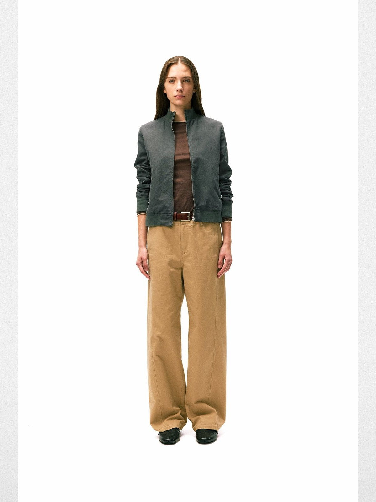 alright then Brushed Cotton Stand Collar Jacket in Gray - On Female Model