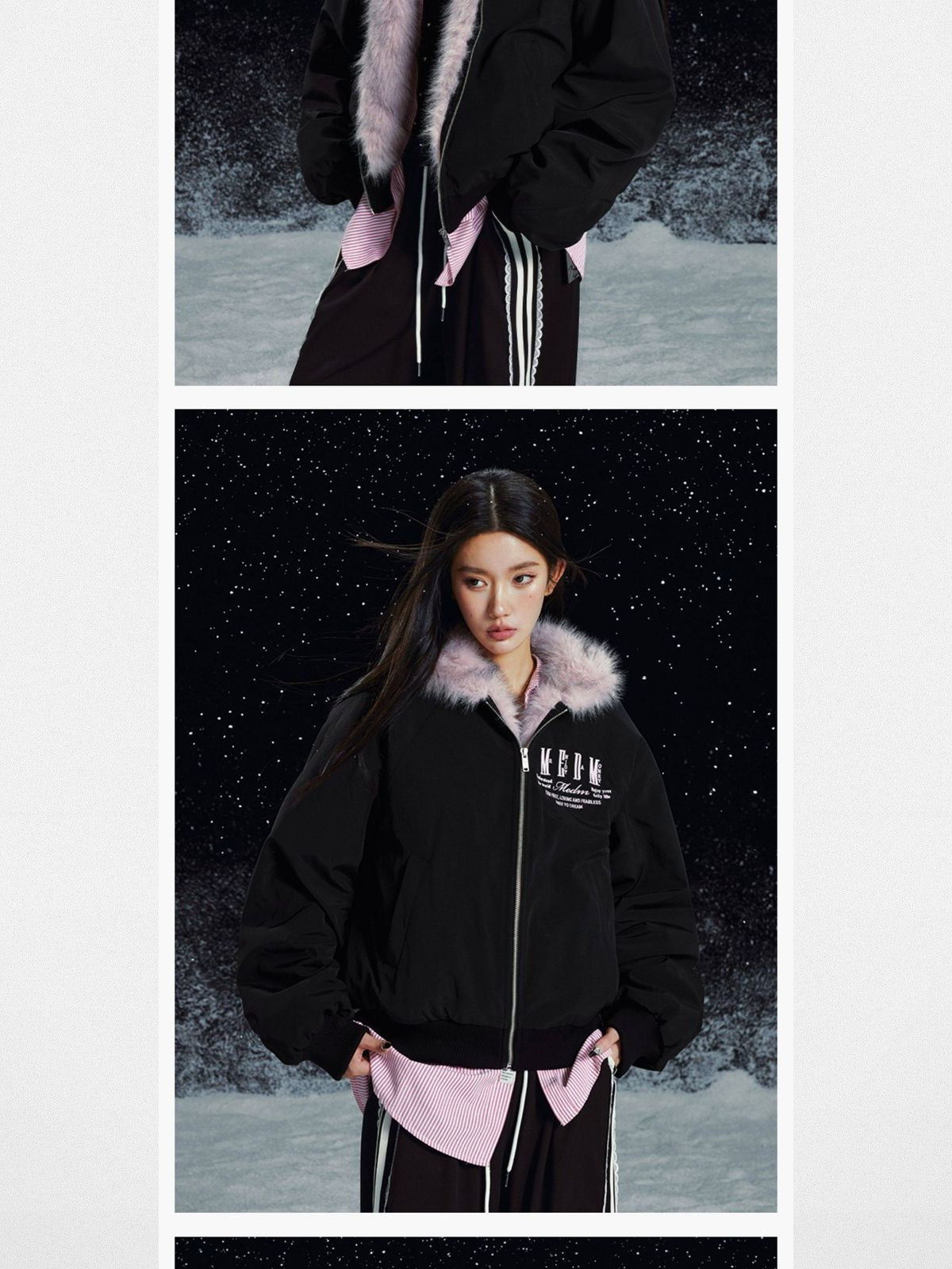 MEDM Faux Fur Trim Padded Jacket in Pink - On Female Model