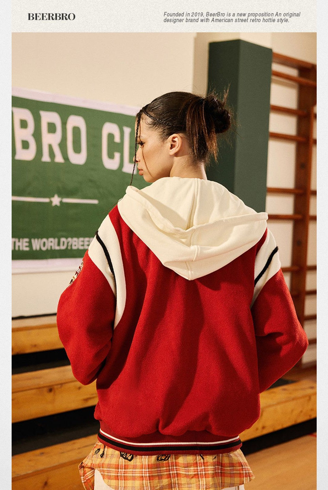 BeerBro Detachable Hood Varsity Jacket in Red - On Model