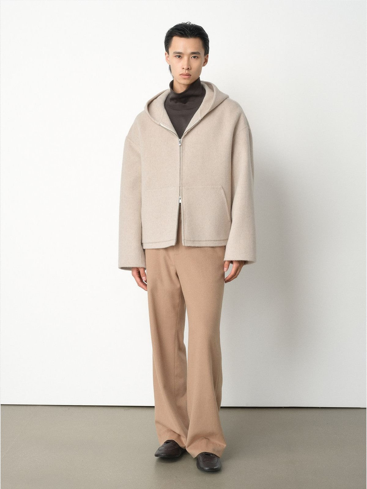 ROYA Cashmere Wool Hooded Short Coat in White - On Model