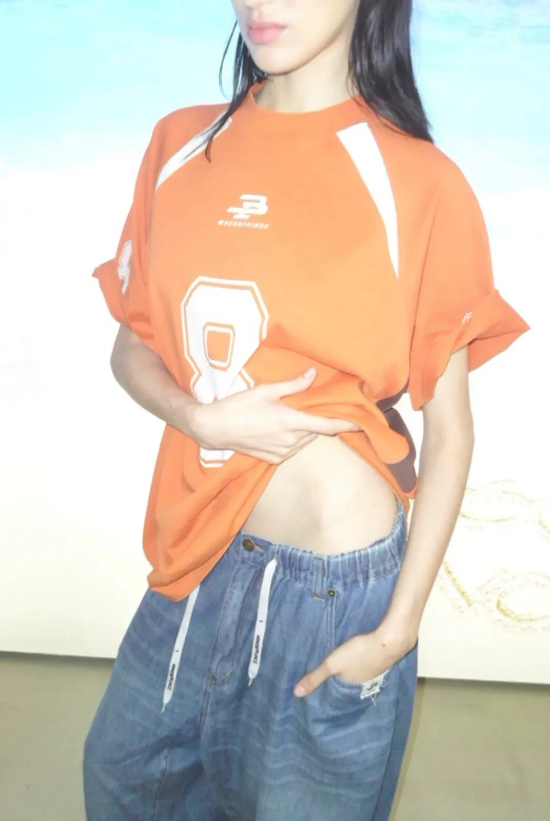 MASONPRINCE Combed Cotton No 8 Jersey Tee in Orange - On Model