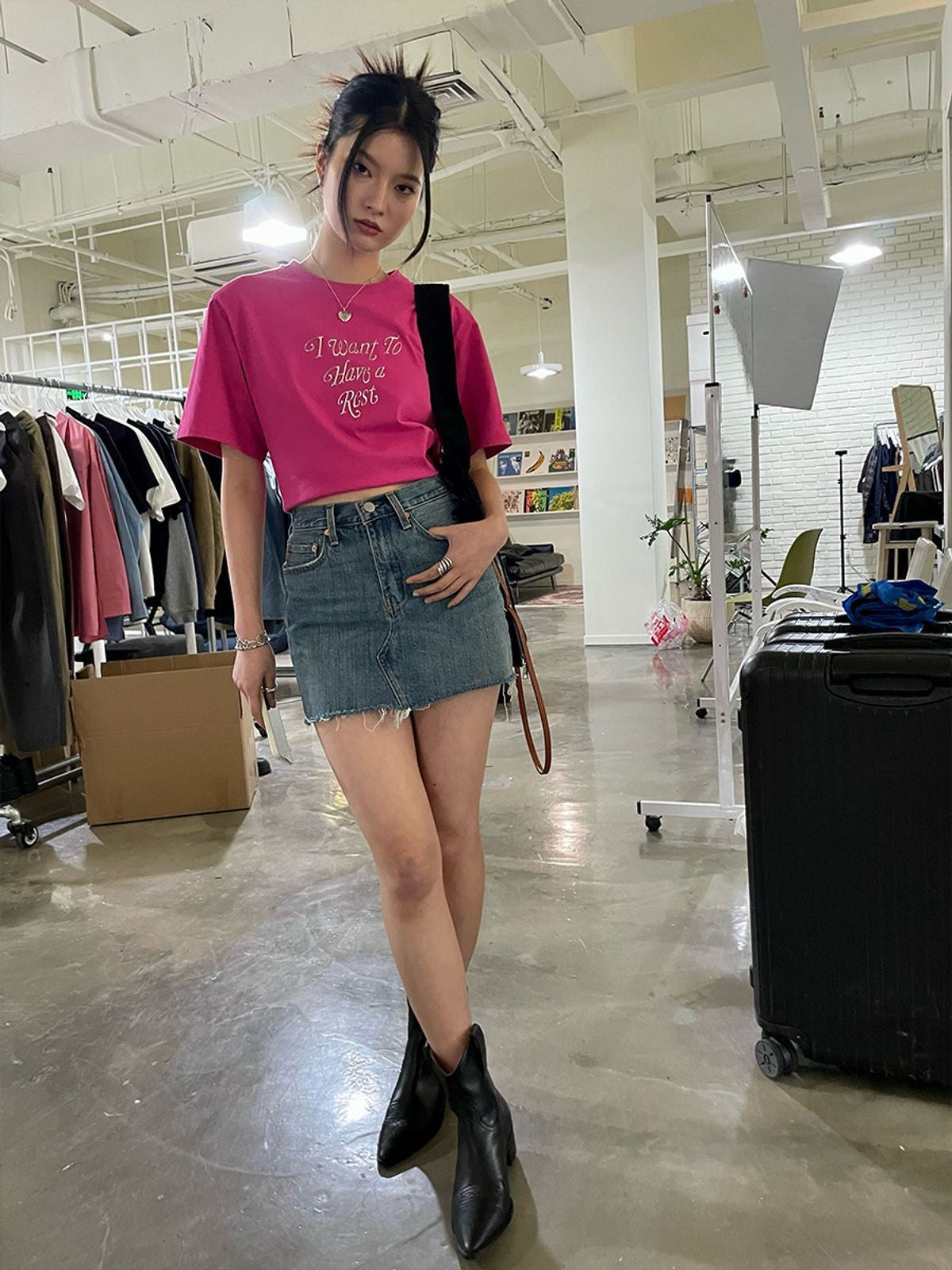 NeverSeez Embossed Script Cotton T Shirt in Hot Pink - On Female Model