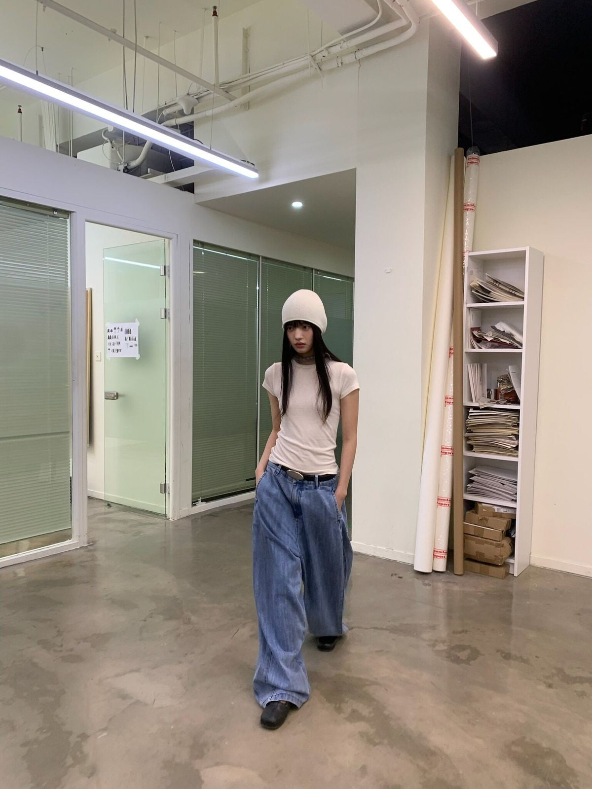 NeverSeez Slim Lyocell Wool Blend Tee in White - On Model