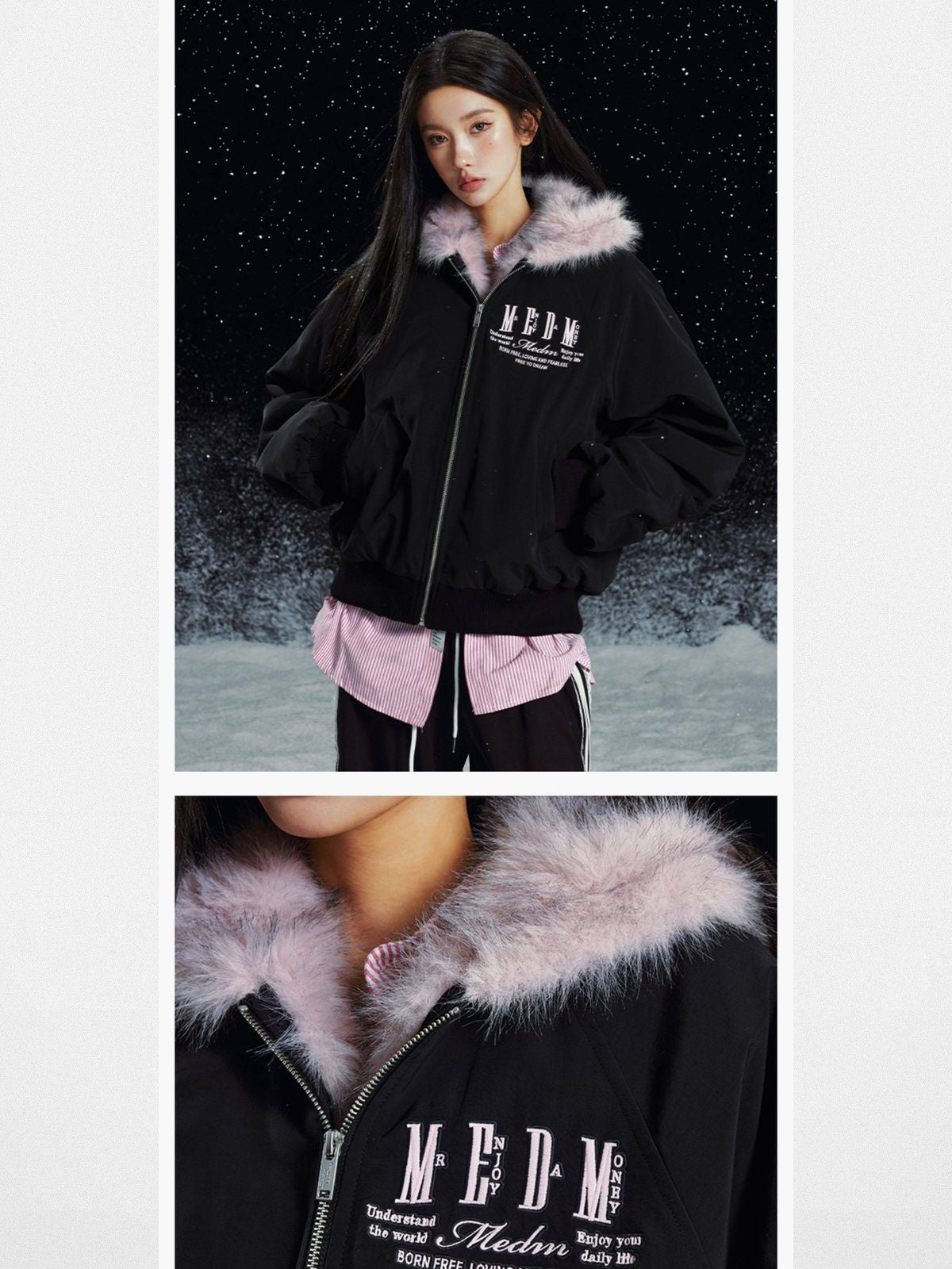 MEDM Faux Fur Trim Padded Jacket in Pink - On Female Model