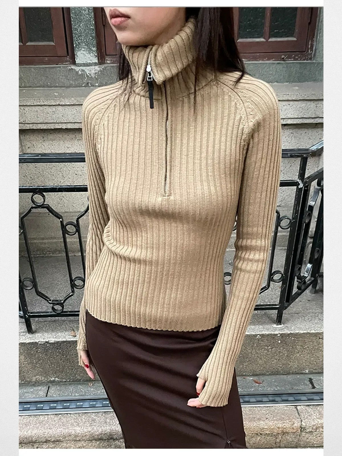 RARELY ALIKE Zip Up High Neck Wool Knit in Beige - On Model