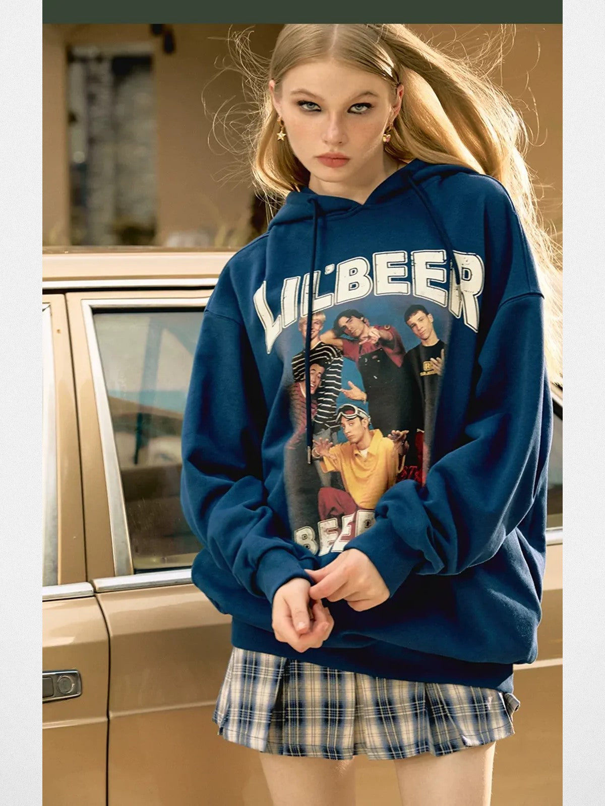 BeerBro Retro Graphic Print Hoodie in Navy Blue - On Model