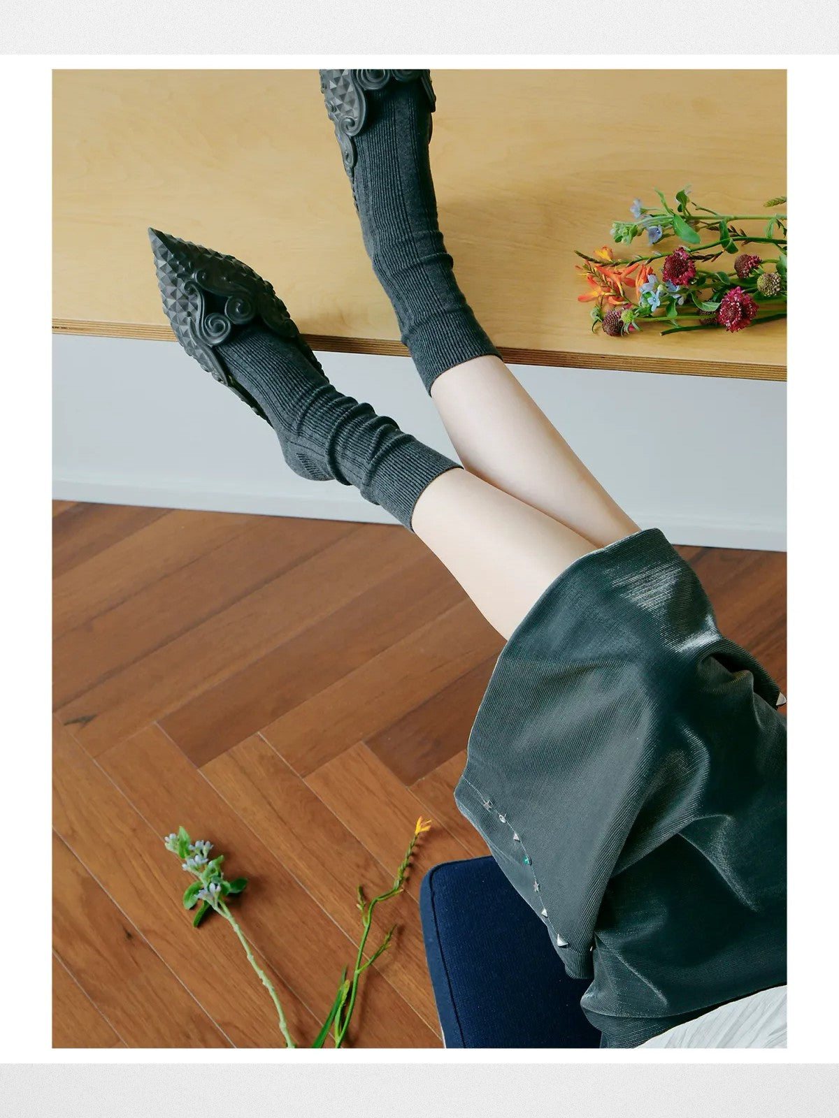 Simple Project Irregular Ribbed Crew Socks in Charcoal - On Model