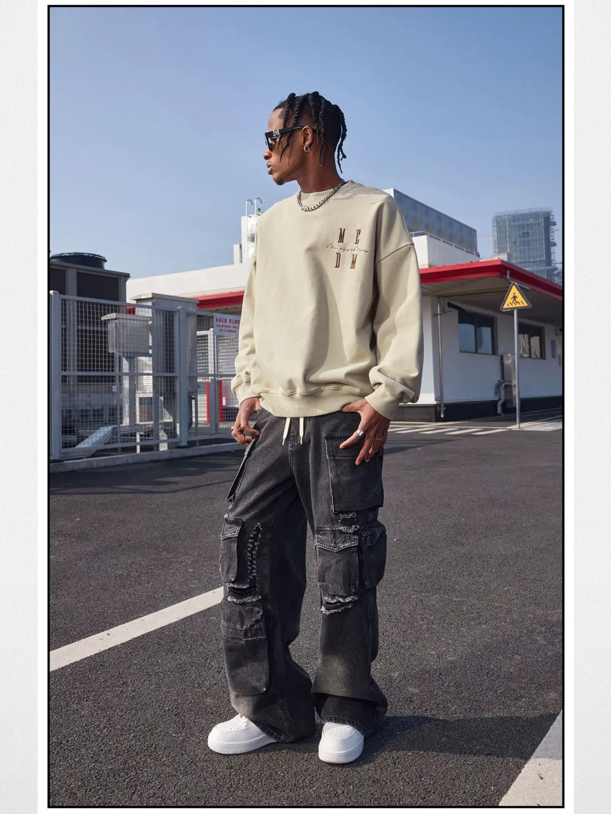 MEDM Oversized Logo Crewneck Sweatshirt in Beige