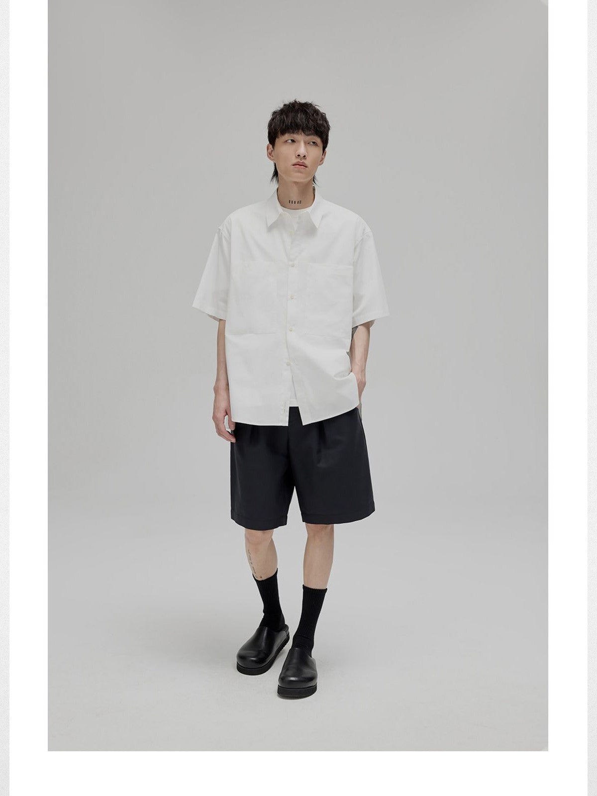 NANS Sand Washed Cotton Curved Hem Shirt in White - On Model