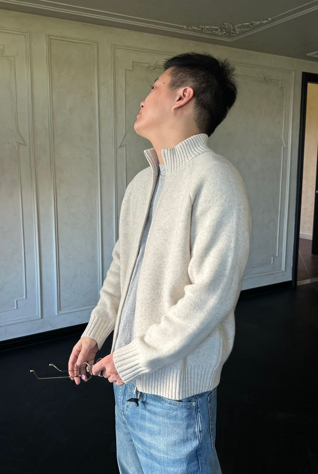 Roolrren Homme 100 Wool Stand Collar Zip Cardigan in Beige - On Model