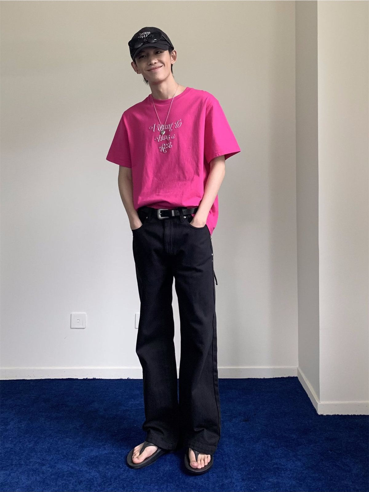 NeverSeez Embossed Script Cotton T Shirt in Hot Pink - On Male Model