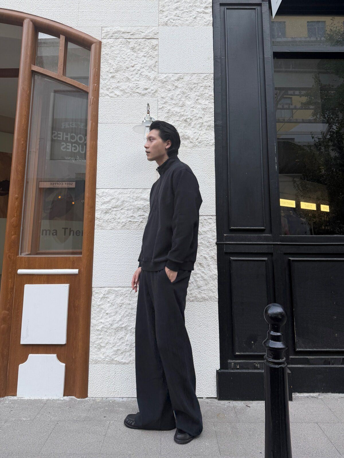 TRIANGLE PROJECT Brushed Cotton Wide Leg Sweatpants in Black - On Male Model