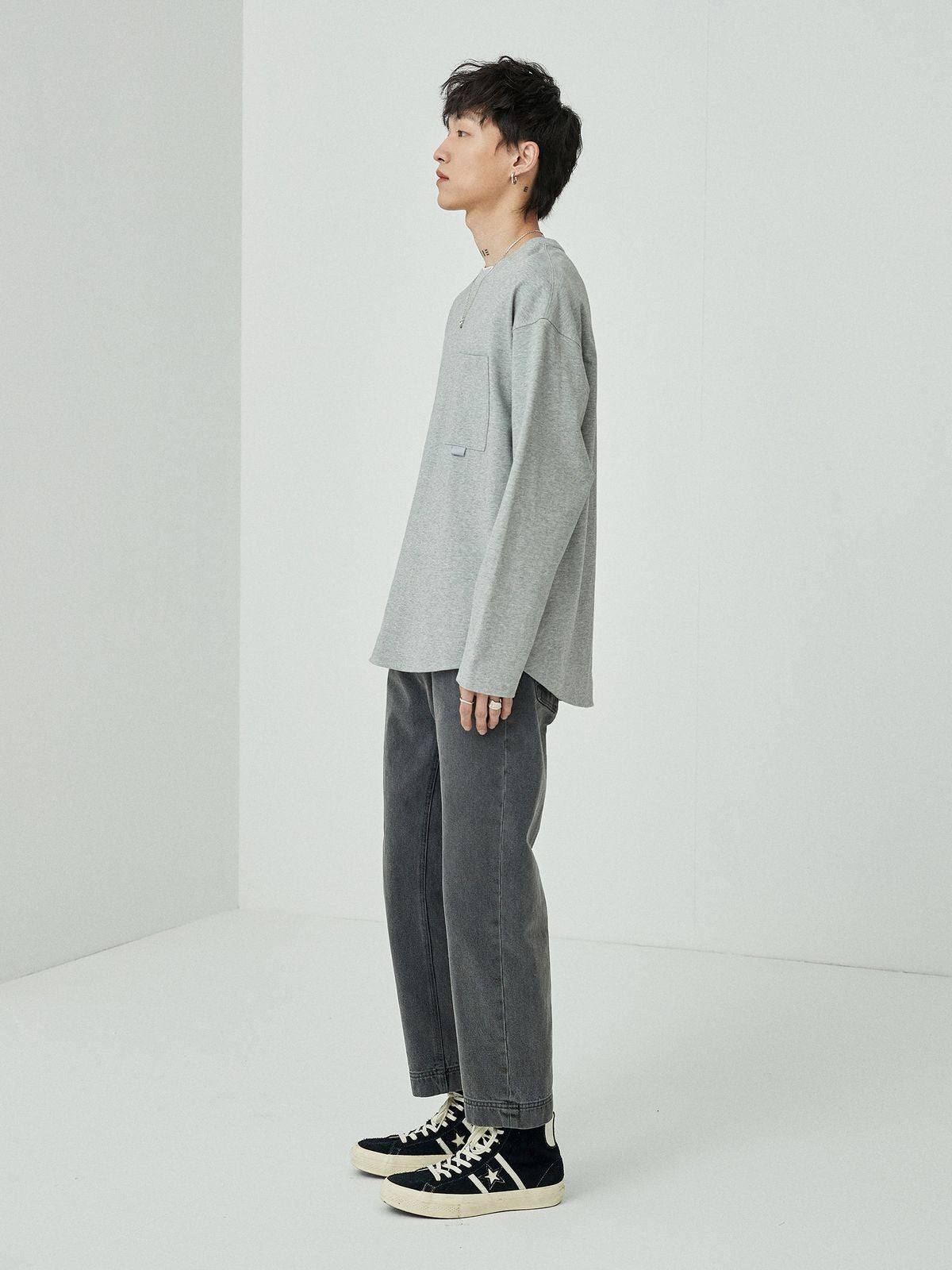 NANS Webbing Strap Pocket Long Sleeve Tee in Gray - On Model