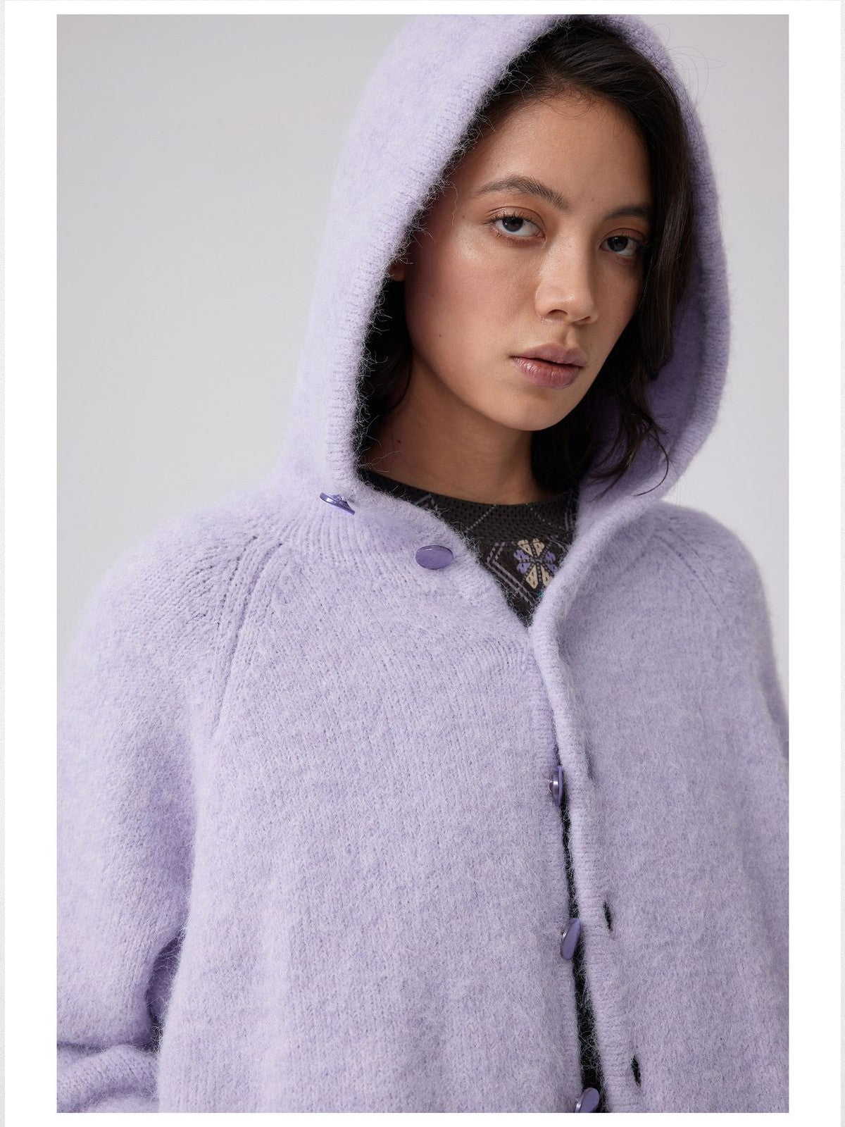 Simple Project Hooded Wool Blend Cardigan in Lavender - On Female Model