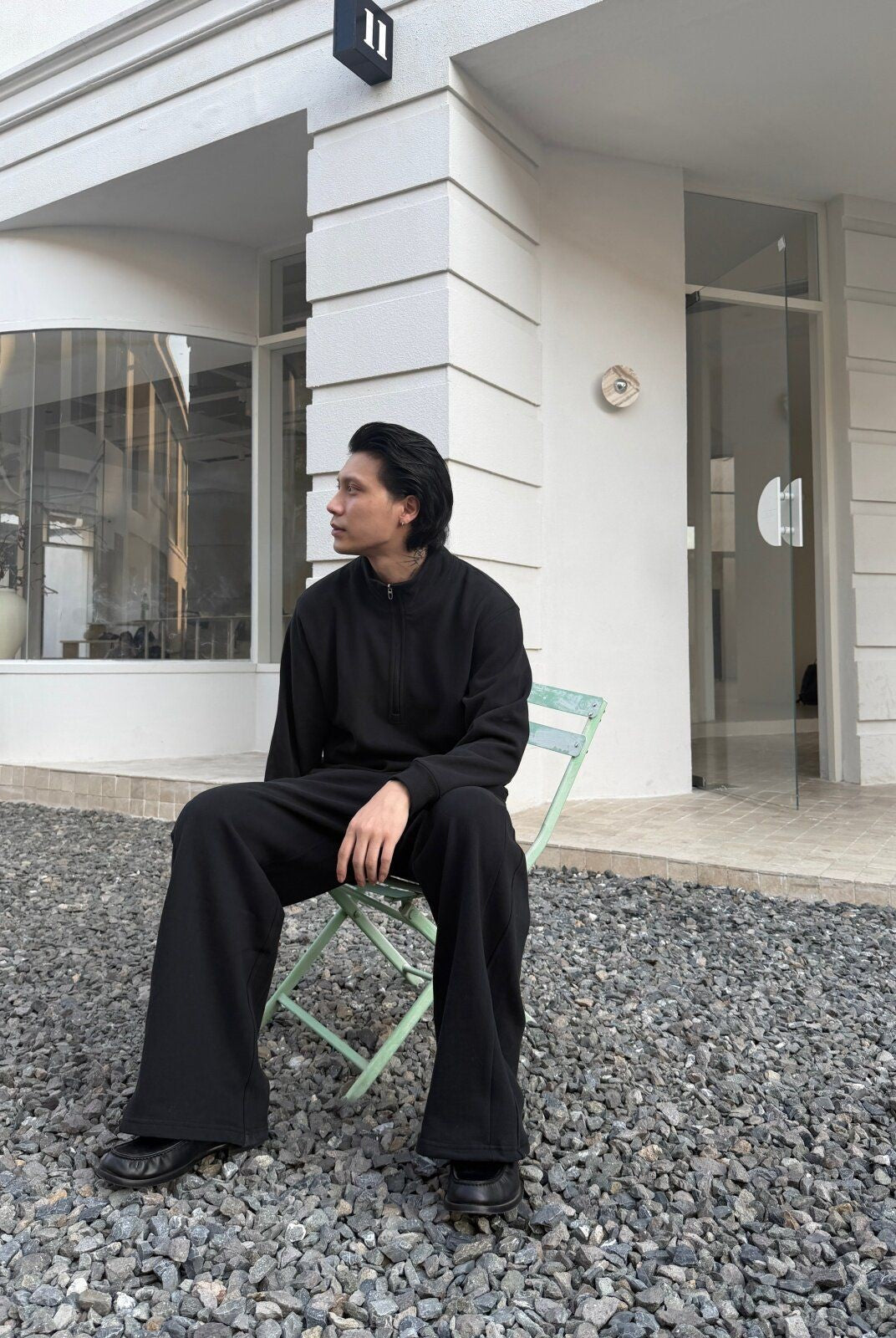 TRIANGLE PROJECT Brushed Cotton Wide Leg Sweatpants in Black - On Model