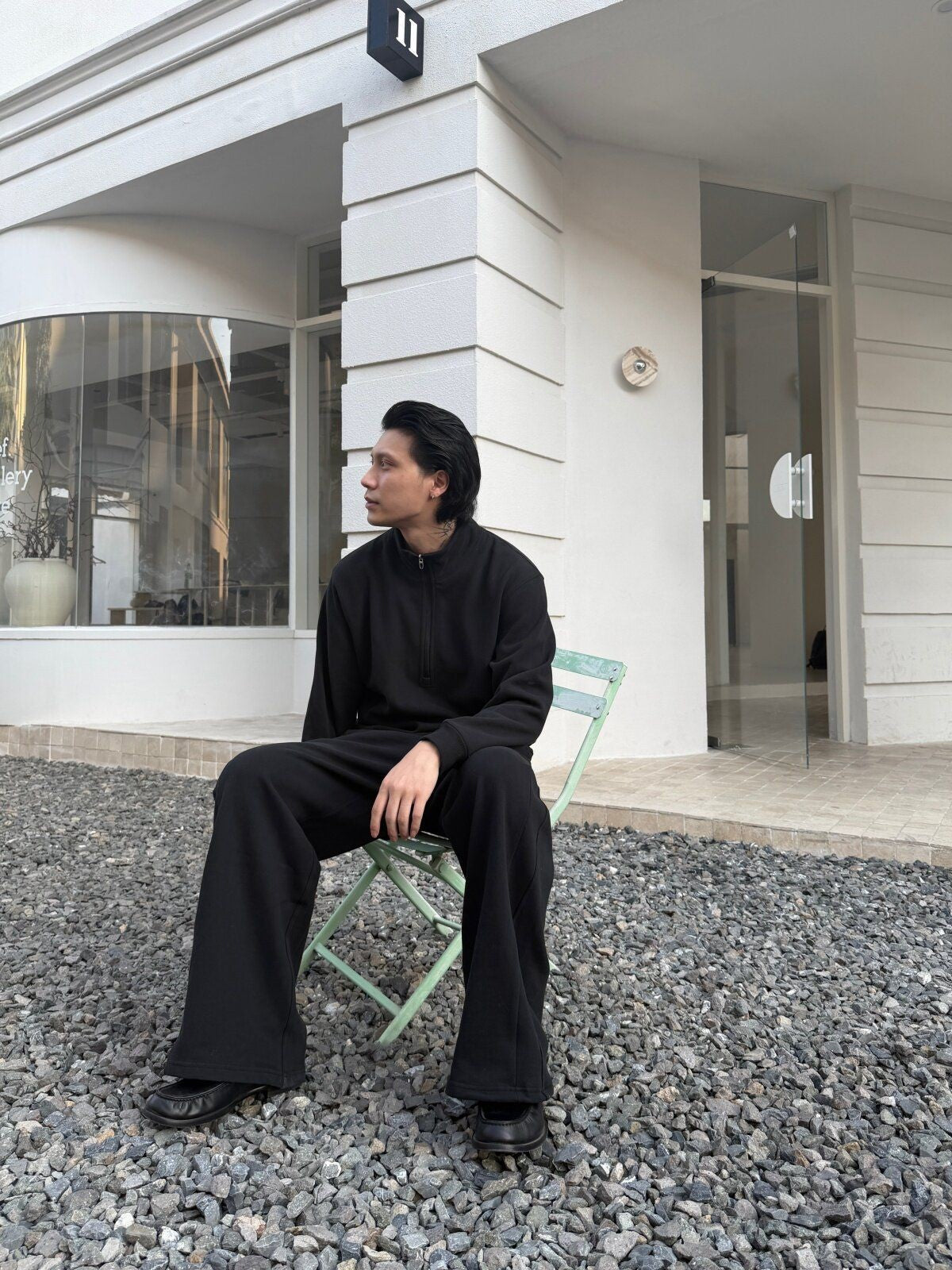 TRIANGLE PROJECT Brushed Cotton Wide Leg Sweatpants in Black - On Male Model