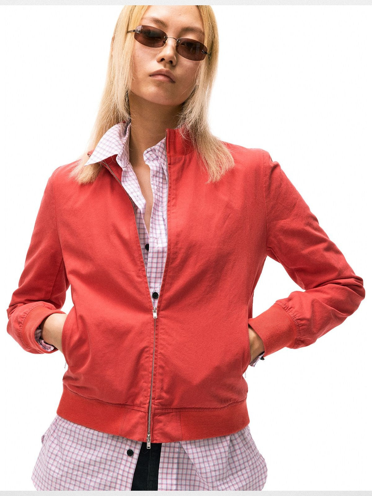 alright then Brushed Cotton Stand Collar Jacket in Red - On Female Model