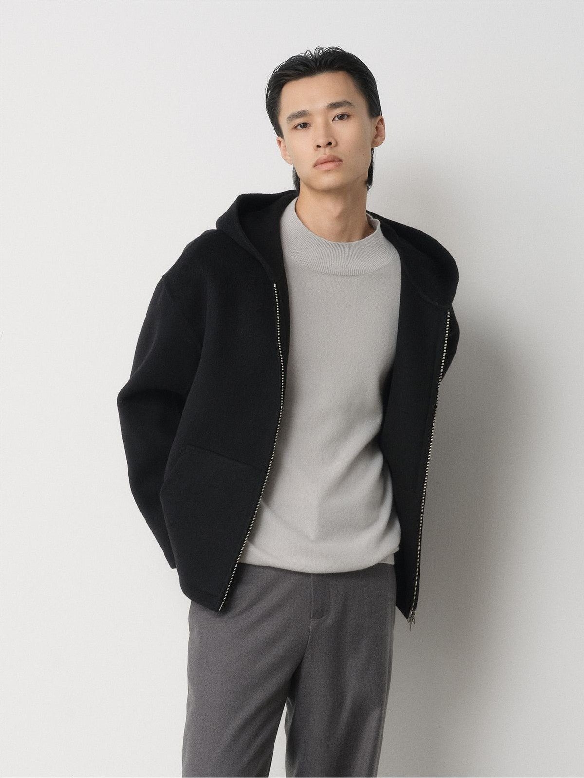ROYA Cashmere Wool Hooded Short Coat in Black - On Model