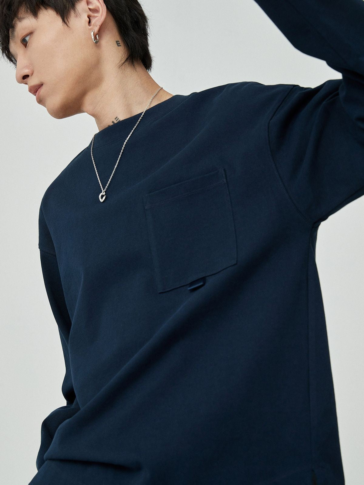 NANS Webbing Strap Pocket Long Sleeve Tee in Navy Blue - On Model