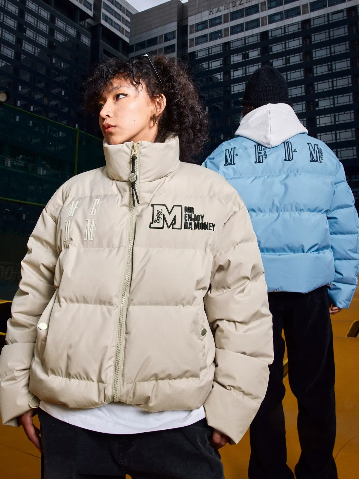 MEDM Embroidered Down Puffer Jacket in Cream - On Mixed Models