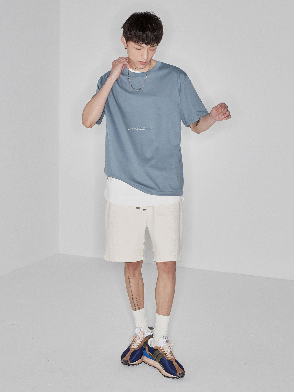 NANS Contrast Print Pima Cotton T Shirt in Sky Blue - On Model