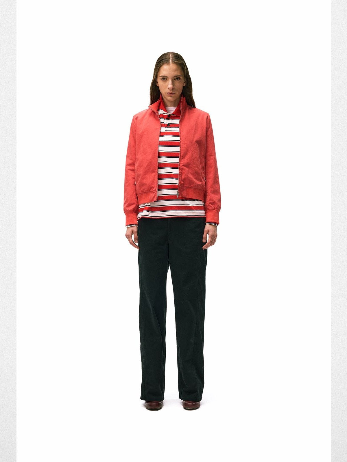 alright then Brushed Cotton Stand Collar Jacket in Red - On Female Model