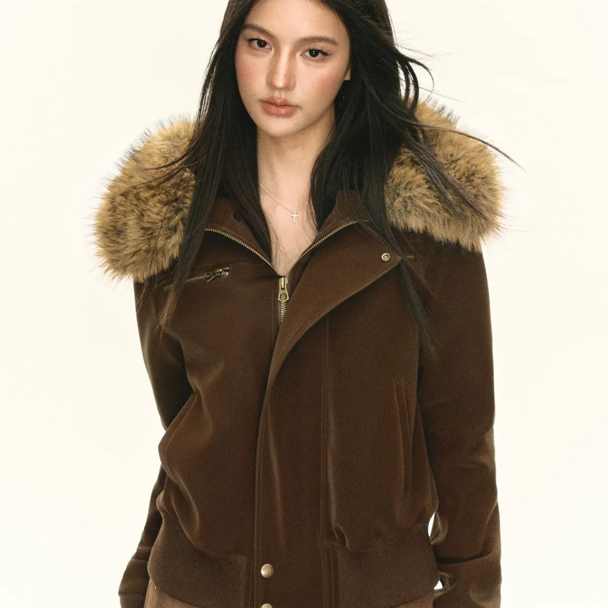 ARISEISM Faux Leather Fur Collar Bomber in Brown - On Model