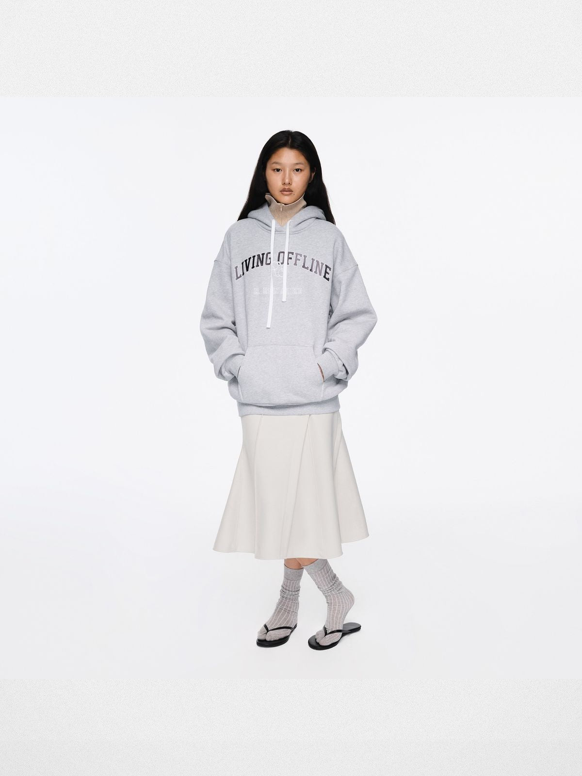 RARELY ALIKE Living Offline Embroidered Fleece Hoodie in Gray - On Model