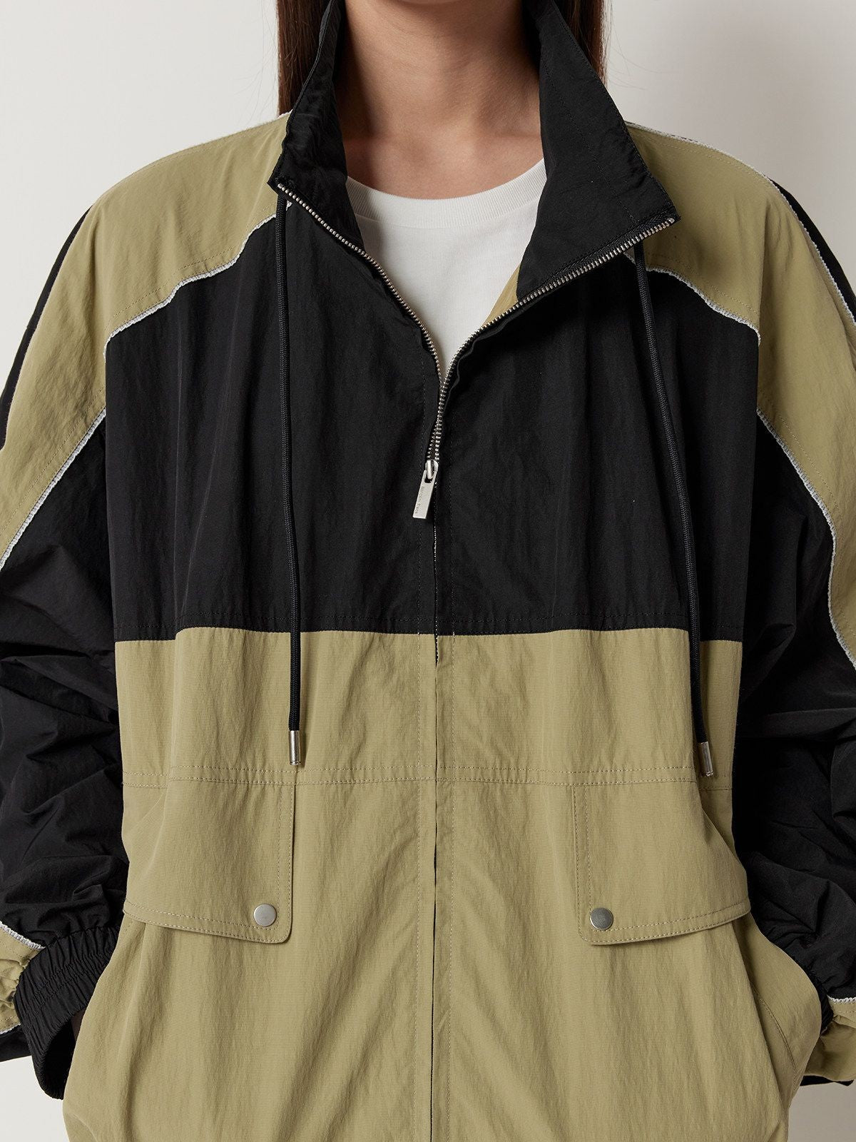 RandomPiece Color Block Stand Collar Jacket in Beige - Detail