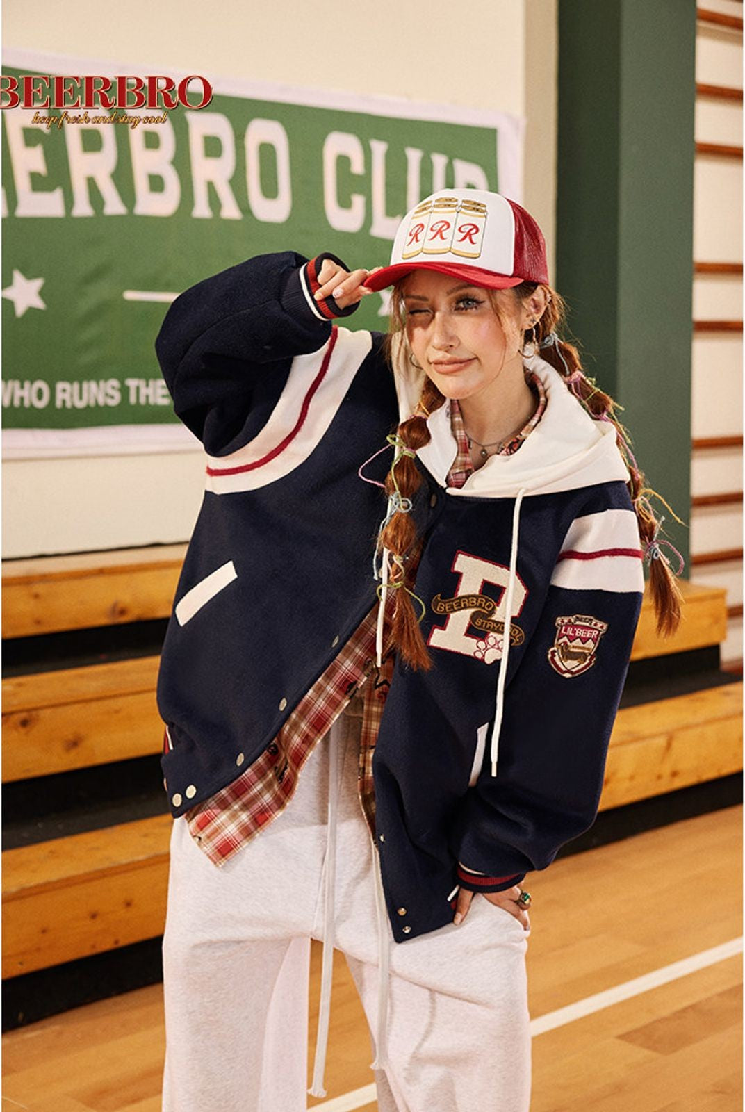 BeerBro Detachable Hood Varsity Jacket in Navy Blue - On Model