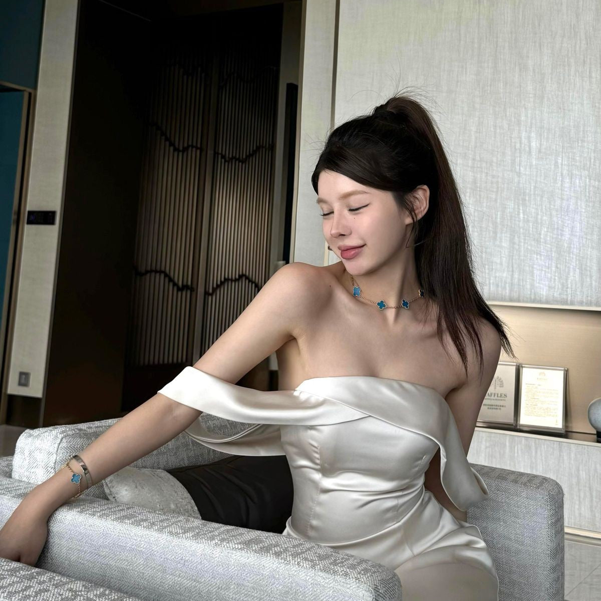 1S STUDIO Acetate Satin Strapless Dress in White - On Model