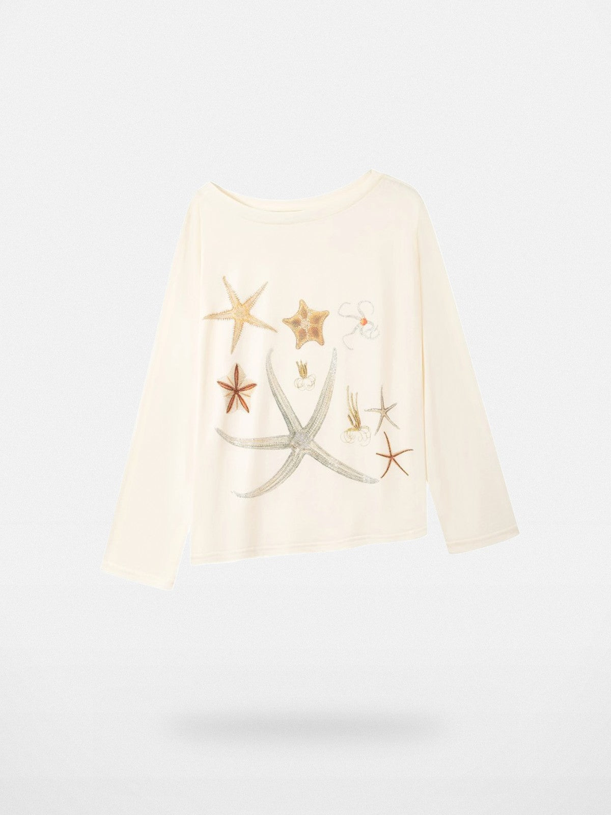 THELIGHT OFFICIAL Rhinestone Starfish Off Shoulder Top in Cream