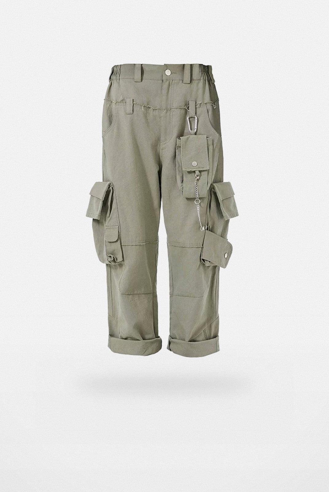 LOSTCTRL Distressed Raw Edge Cargo Pants in Olive