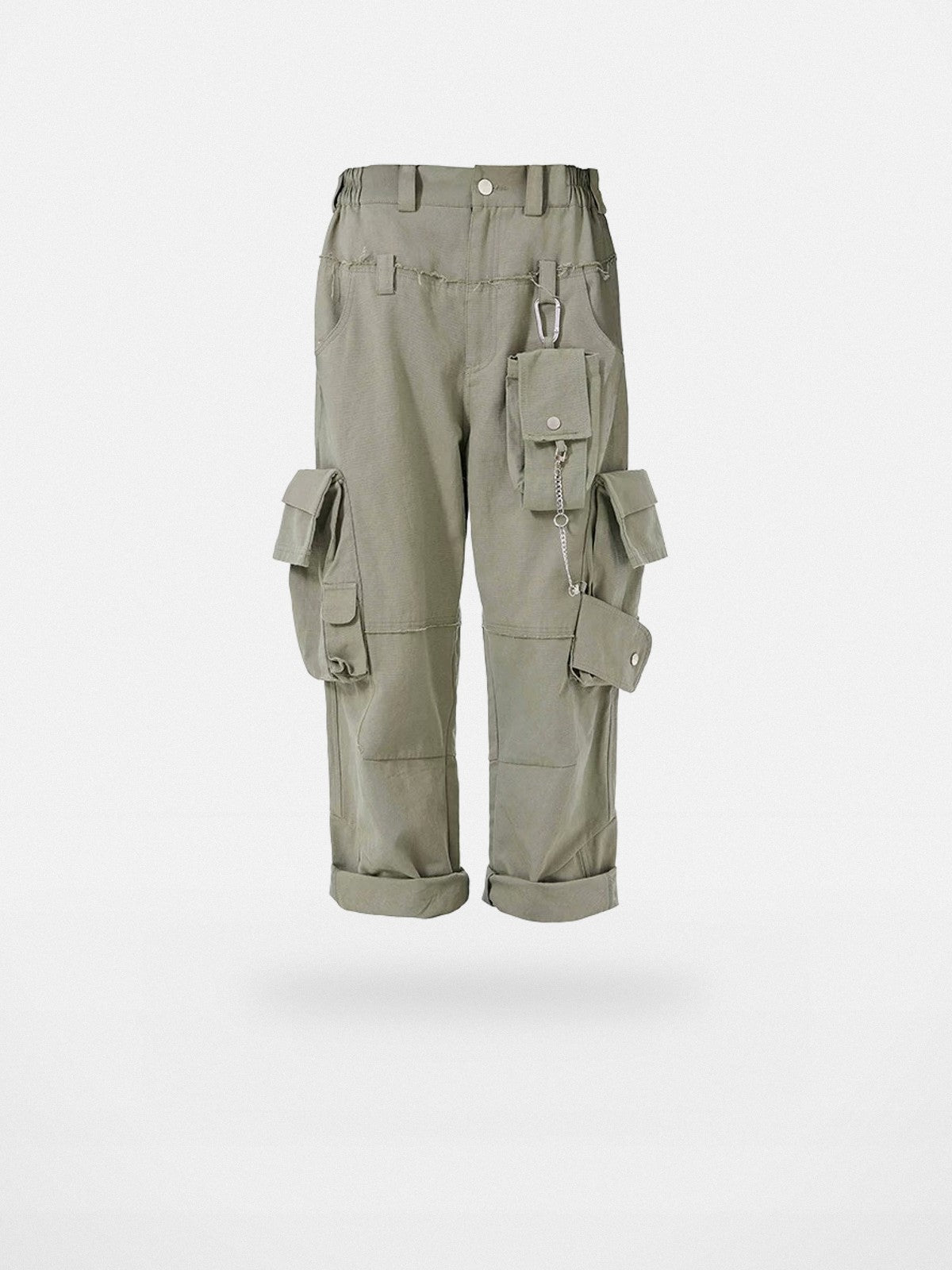 LOSTCTRL Distressed Raw Edge Cargo Pants in Olive