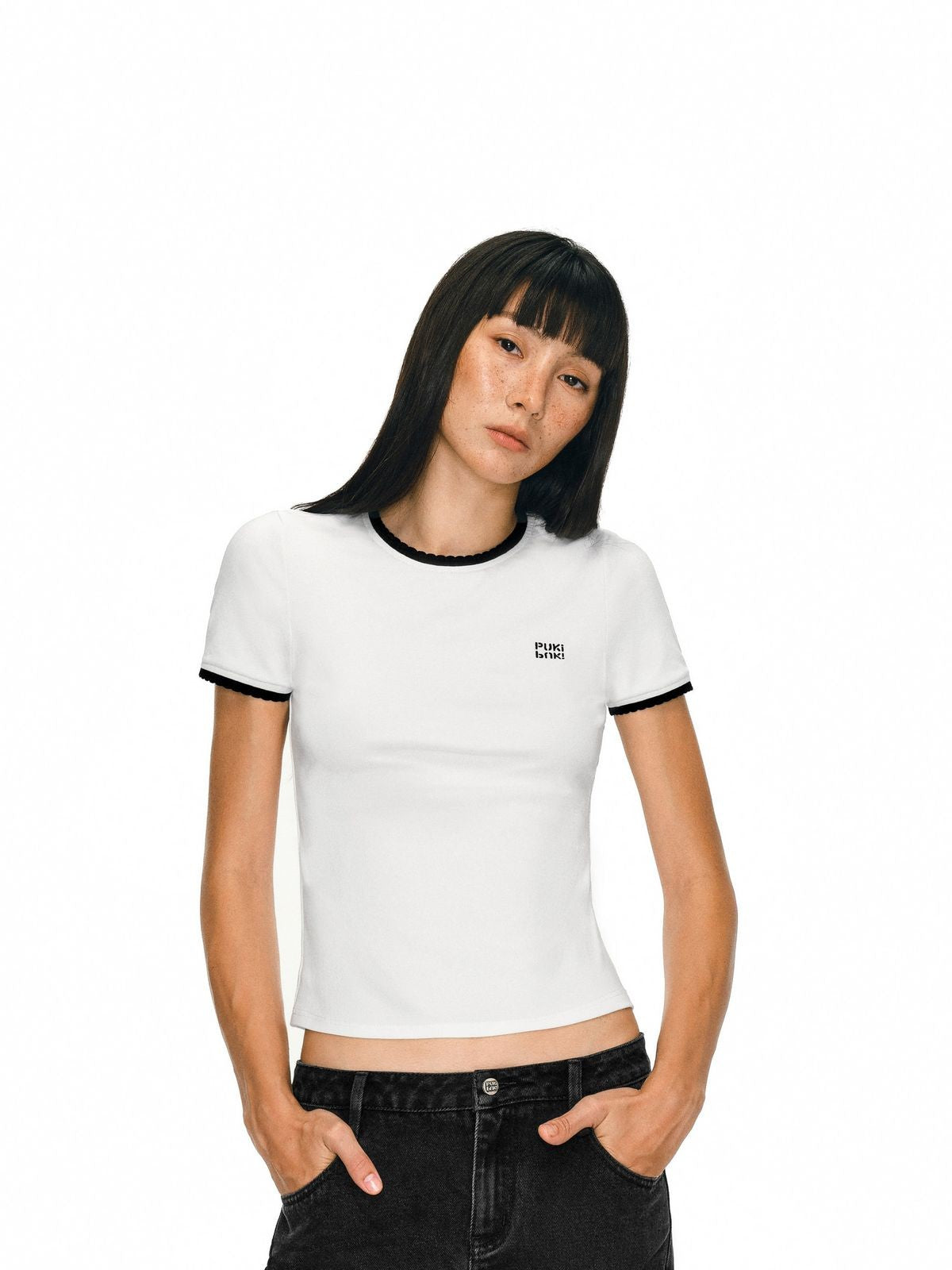 PUKI Contrast Trim Slim T Shirt in White - On Model